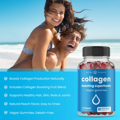 NutraChamps Collagen Boosting Gummies, Collagen Booster Gummy for Natural Collagen Production, Vegan Pectin Supplements Chews for Women & Men, - dailyvitalstore
