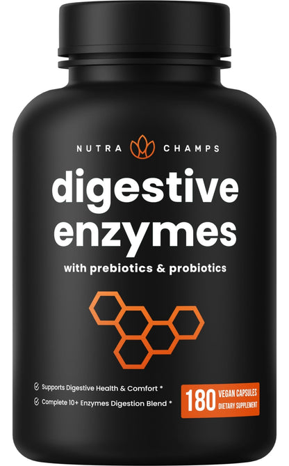 NutraChamps Digestive Enzymes with Probiotics and Prebiotics for Women & Men - 180 Vegan Capsules with Bromelain for Bloating & Optimal Gut Health - dailyvitalstore