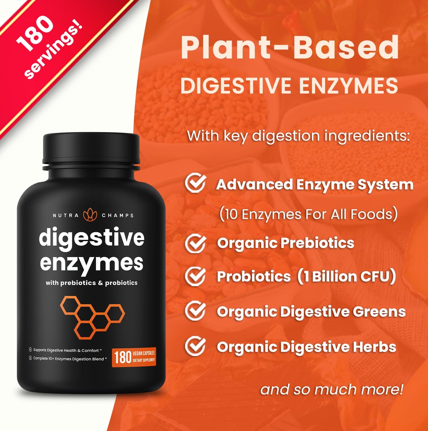 NutraChamps Digestive Enzymes with Probiotics and Prebiotics for Women & Men - 180 Vegan Capsules with Bromelain for Bloating & Optimal Gut Health - dailyvitalstore