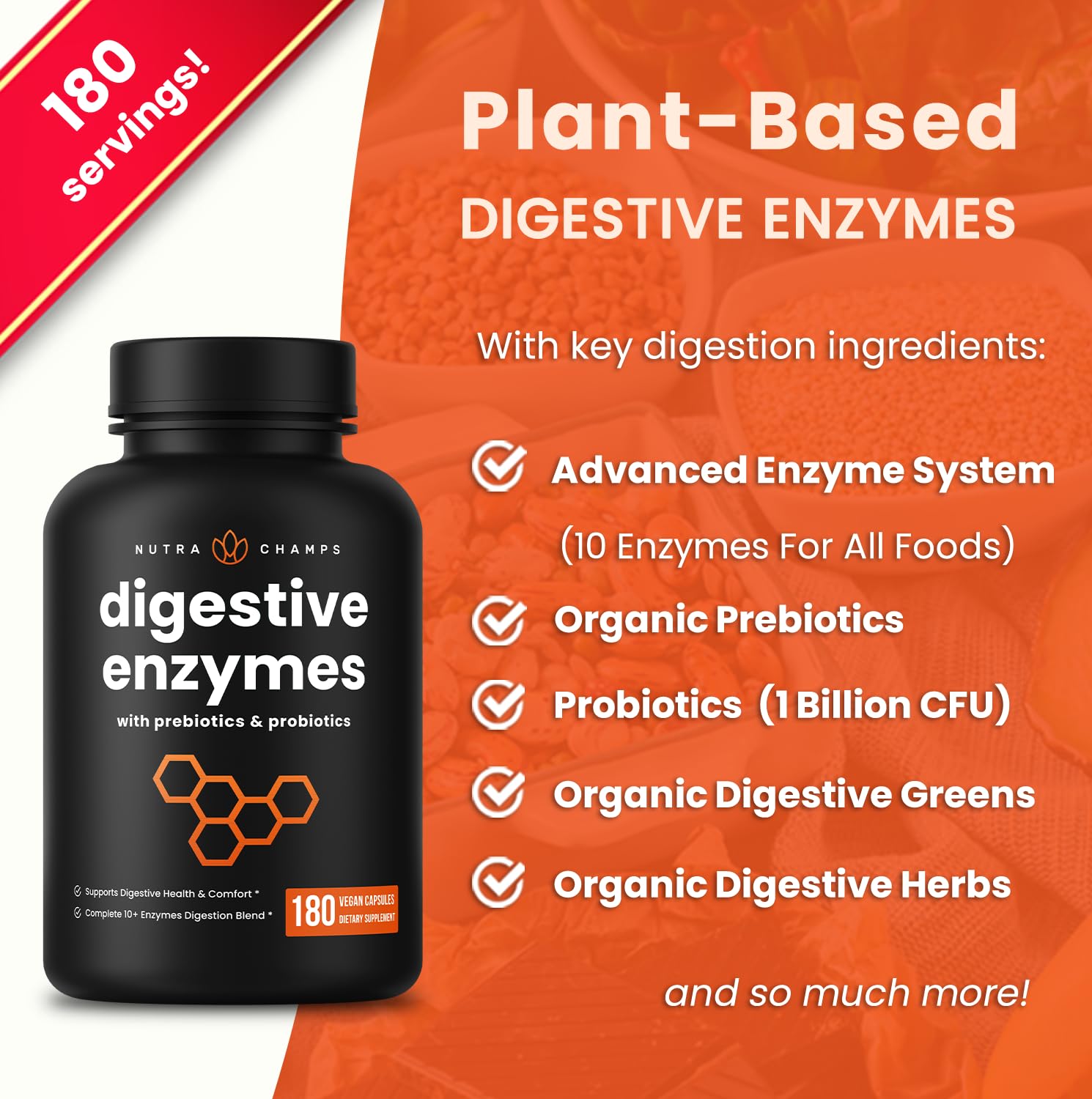 NutraChamps Digestive Enzymes with Probiotics and Prebiotics for Women & Men - 180 Vegan Capsules with Bromelain for Bloating & Optimal Gut Health - dailyvitalstore