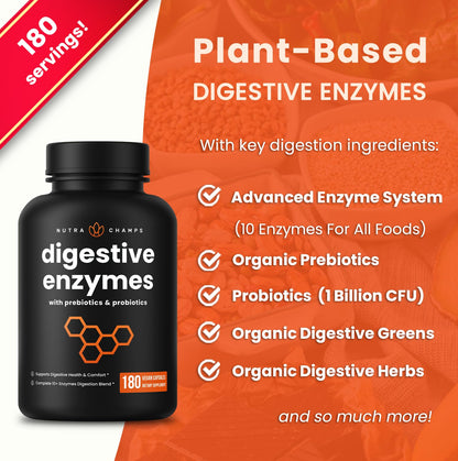 NutraChamps Digestive Enzymes with Probiotics and Prebiotics for Women & Men - 180 Vegan Capsules with Bromelain for Bloating & Optimal Gut Health - dailyvitalstore