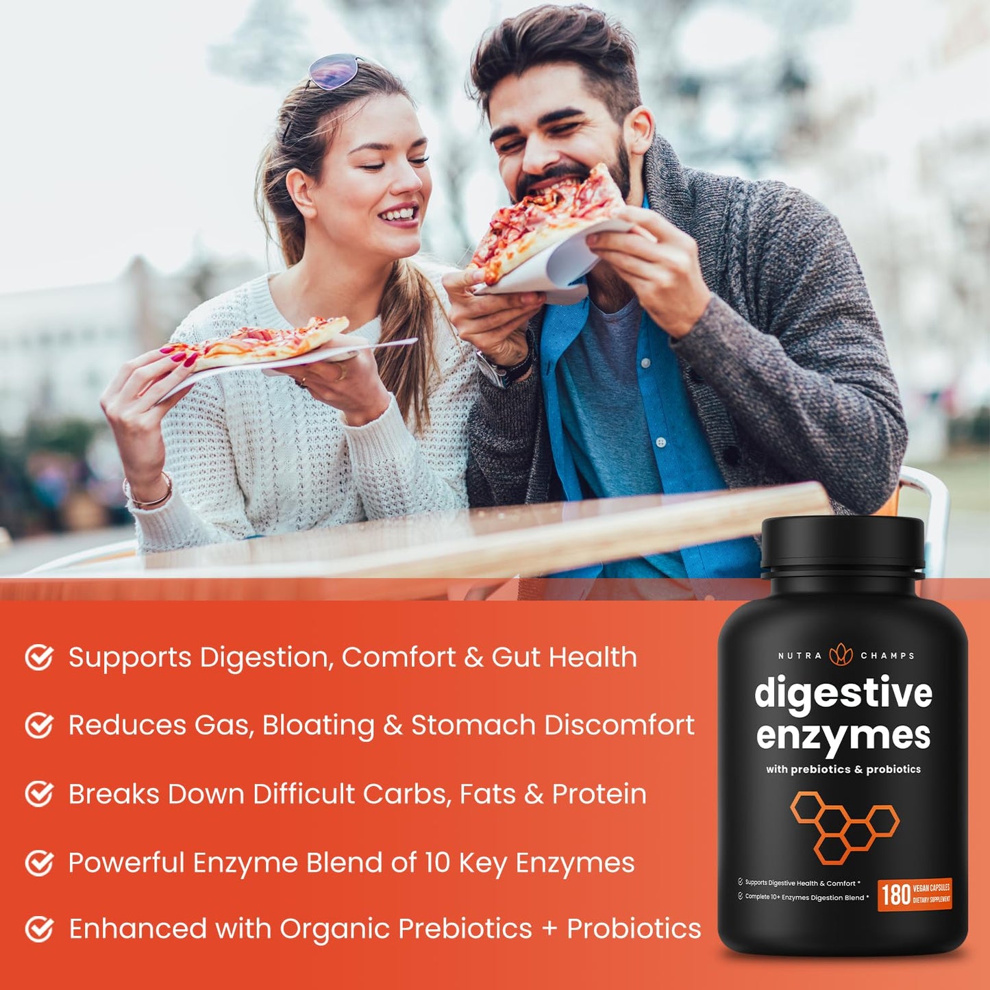NutraChamps Digestive Enzymes with Probiotics and Prebiotics for Women & Men - 180 Vegan Capsules with Bromelain for Bloating & Optimal Gut Health - dailyvitalstore