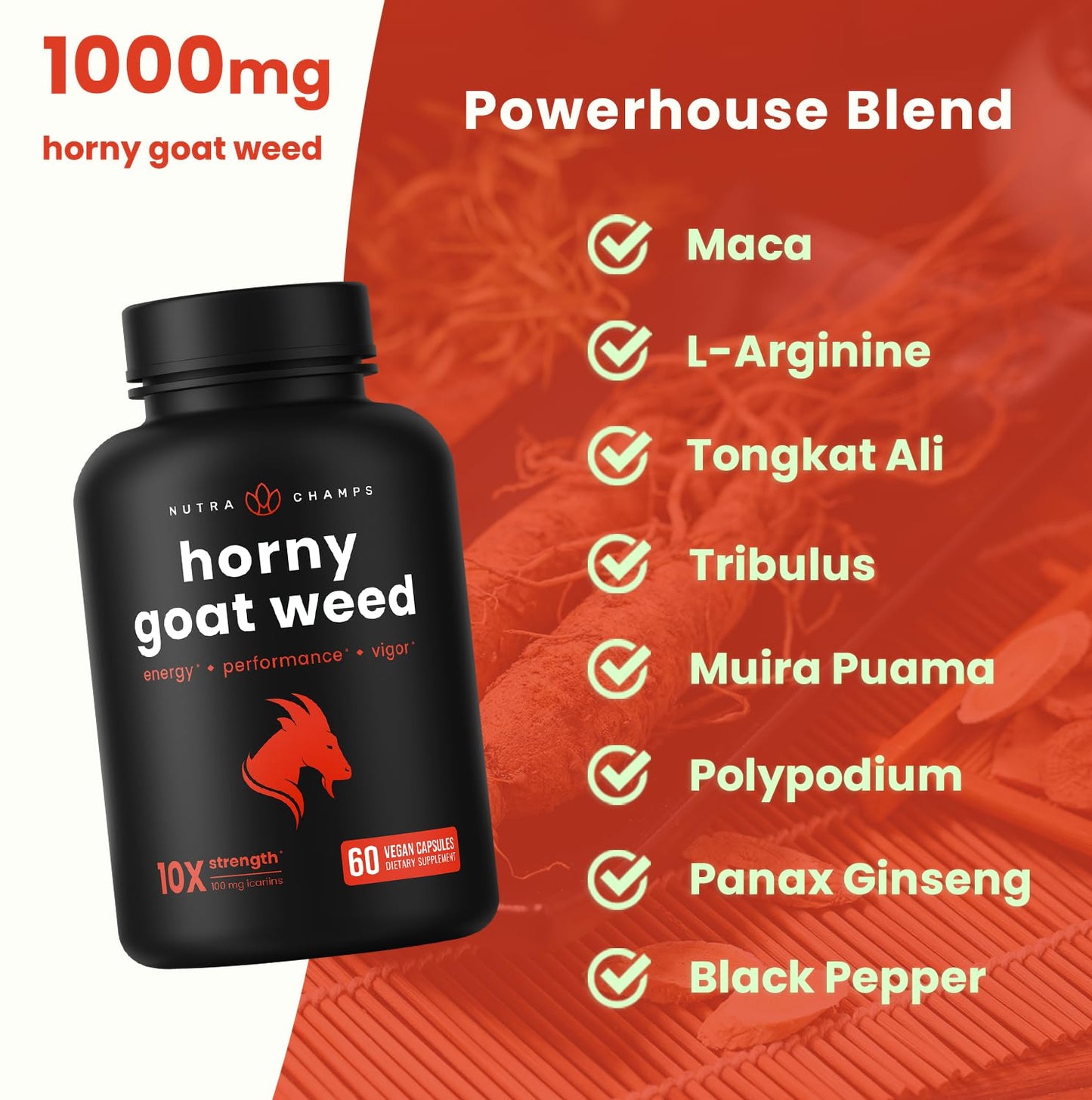 NutraChamps Horny Goat Weed, 1000mg Epimedium Energy Supplement, 10X Strength Icariin, Ginseng, Tribulus & Maca Pills for Women & Men, Enhanced Absorption with Black Pepper, 60 Vegan Capsules - dailyvitalstore