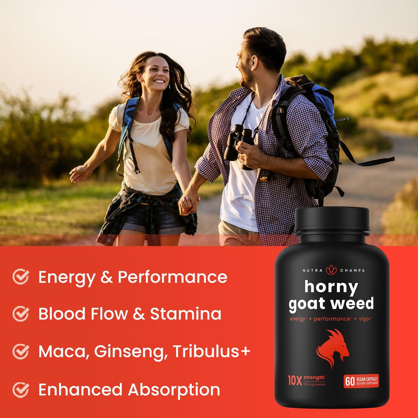 NutraChamps Horny Goat Weed, 1000mg Epimedium Energy Supplement, 10X Strength Icariin, Ginseng, Tribulus & Maca Pills for Women & Men, Enhanced Absorption with Black Pepper, 60 Vegan Capsules - dailyvitalstore