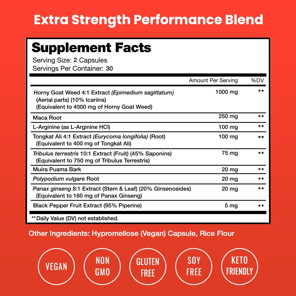 NutraChamps Horny Goat Weed, 1000mg Epimedium Energy Supplement, 10X Strength Icariin, Ginseng, Tribulus & Maca Pills for Women & Men, Enhanced Absorption with Black Pepper, 60 Vegan Capsules - dailyvitalstore