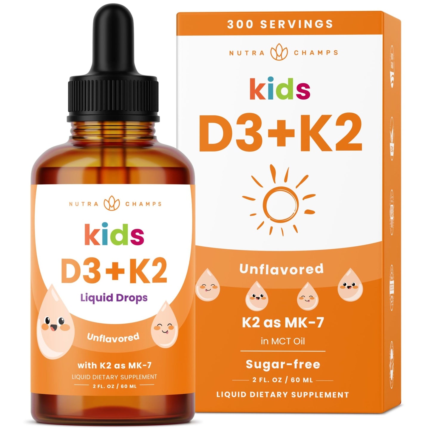 NutraChamps Kids Vitamin D 3 K2 Drops, Vitamin D3 & K2 MK-7, Liquid Vitamin D for Kids 1000 IU, Healthy Bones, Heart & Immune System, - dailyvitalstore