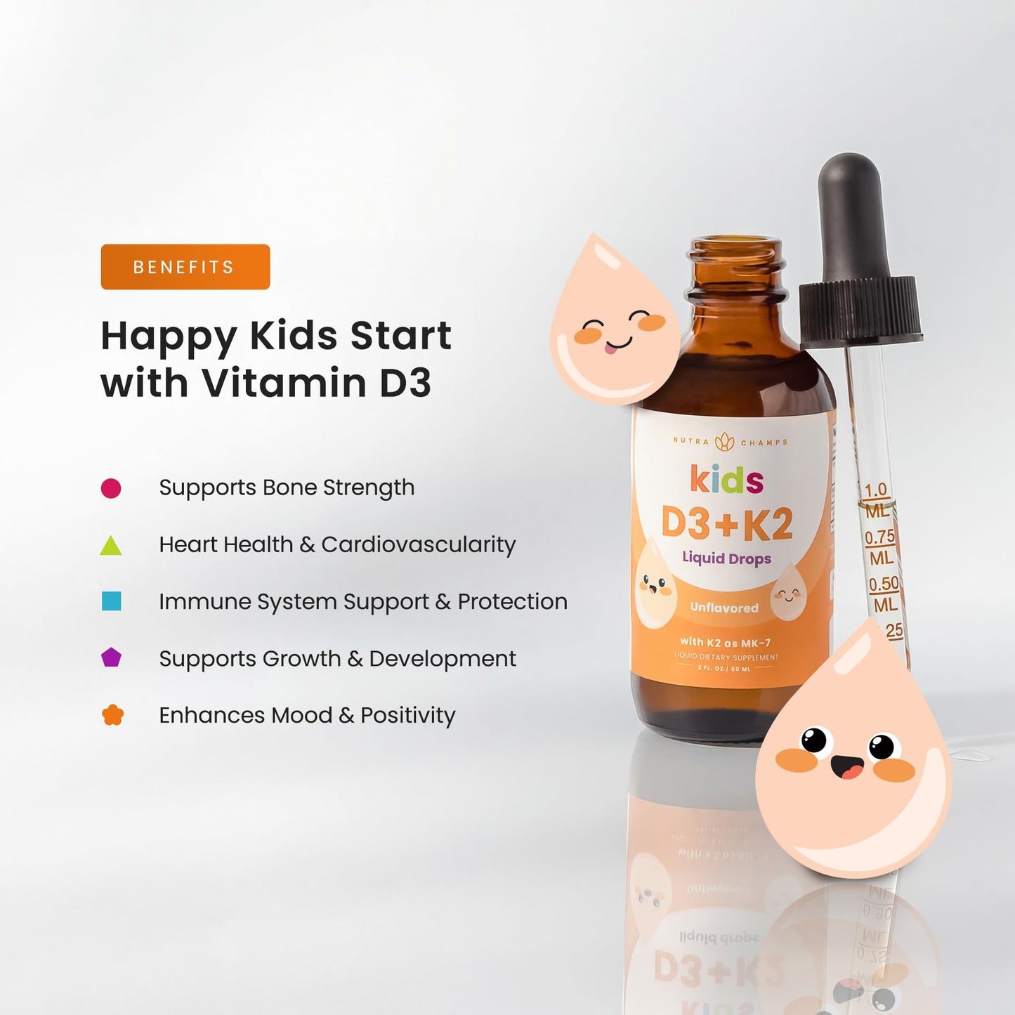 NutraChamps Kids Vitamin D 3 K2 Drops, Vitamin D3 & K2 MK-7, Liquid Vitamin D for Kids 1000 IU, Healthy Bones, Heart & Immune System, - dailyvitalstore