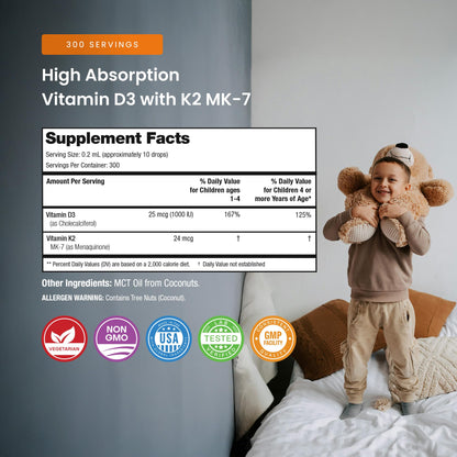 NutraChamps Kids Vitamin D 3 K2 Drops, Vitamin D3 & K2 MK-7, Liquid Vitamin D for Kids 1000 IU, Healthy Bones, Heart & Immune System, - dailyvitalstore