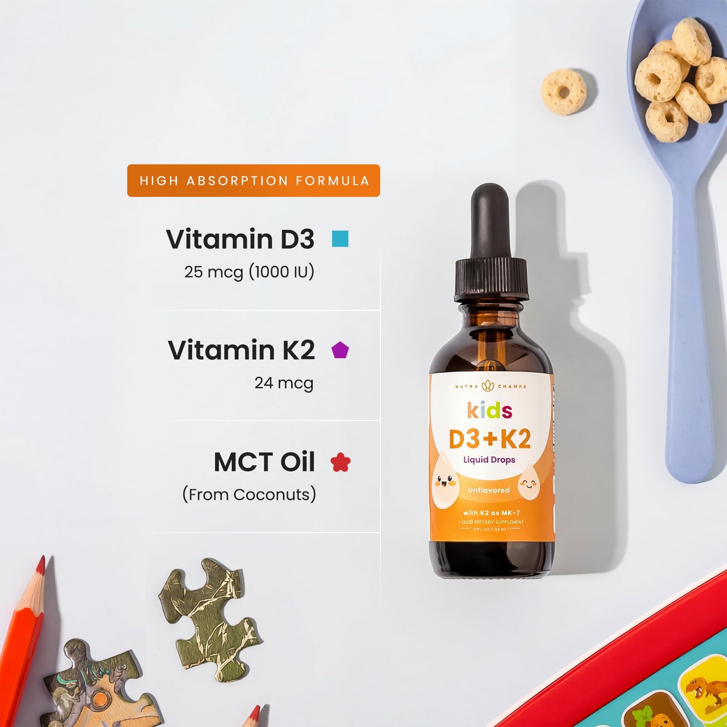 NutraChamps Kids Vitamin D 3 K2 Drops, Vitamin D3 & K2 MK-7, Liquid Vitamin D for Kids 1000 IU, Healthy Bones, Heart & Immune System, - dailyvitalstore