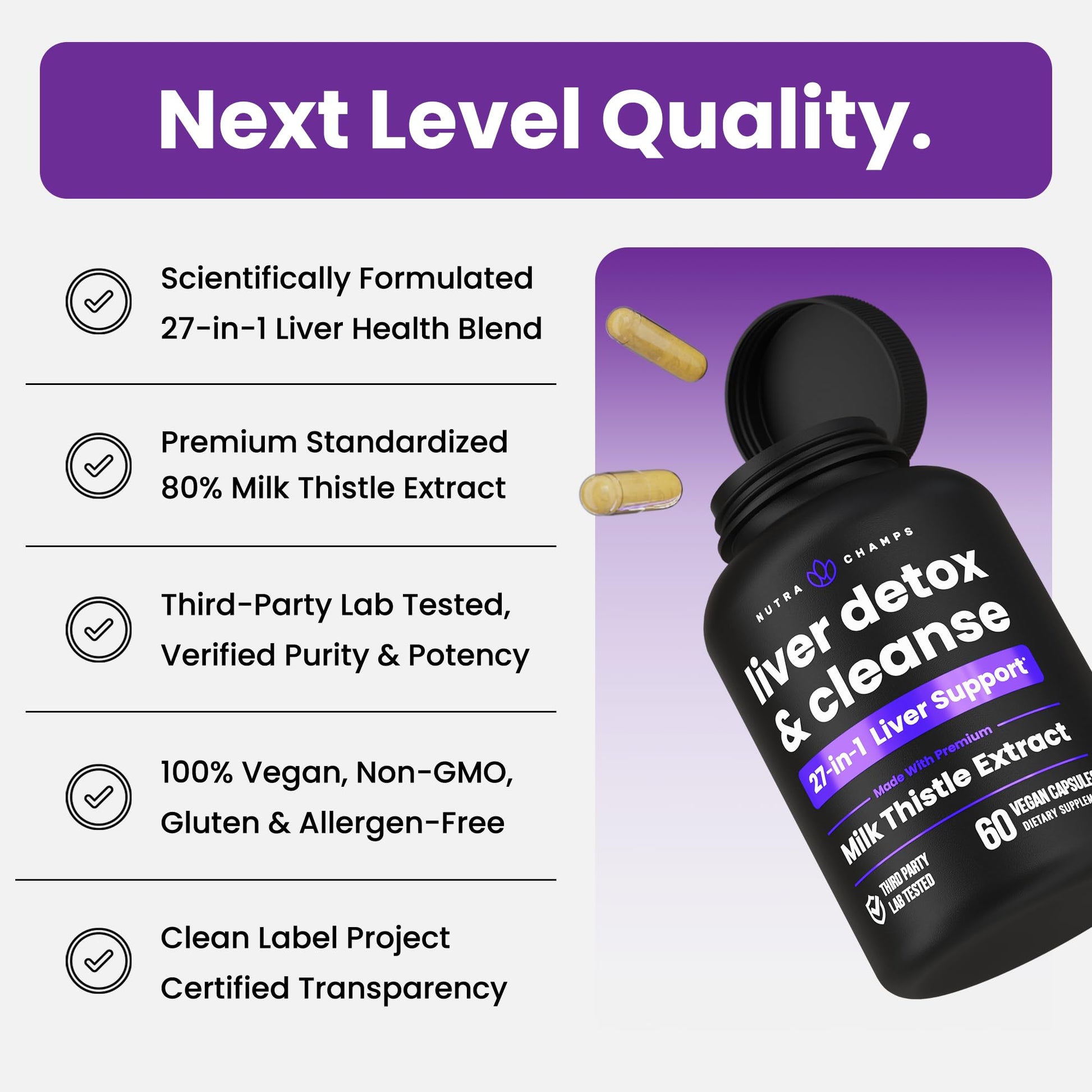 NutraChamps Liver Cleanse Detox & Repair Formula, 20+ Herbs: Milk Thistle Extract with Silymarin, Artichoke, Dandelion, Chicory Root Powder, - dailyvitalstore