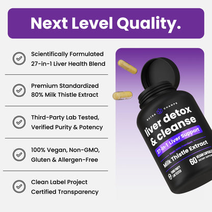 NutraChamps Liver Cleanse Detox & Repair Formula, 20+ Herbs: Milk Thistle Extract with Silymarin, Artichoke, Dandelion, Chicory Root Powder, - dailyvitalstore