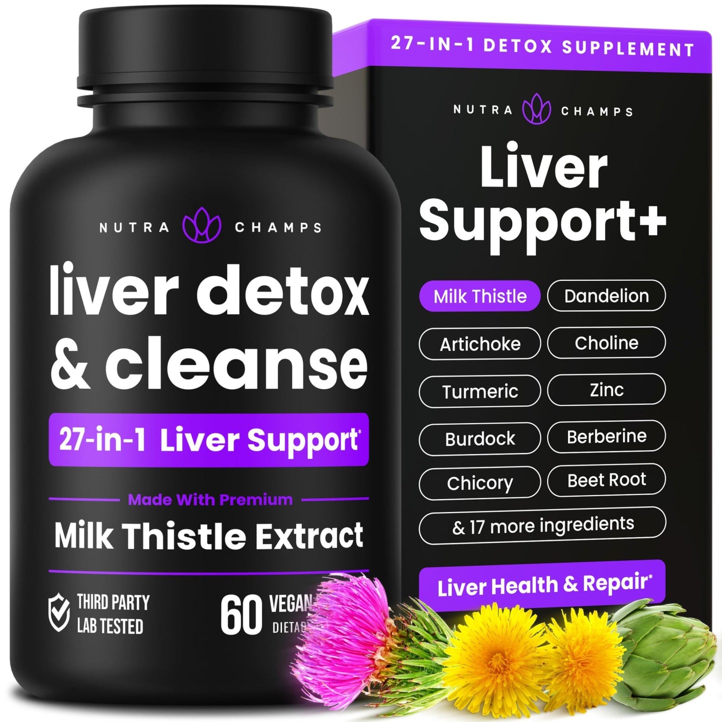NutraChamps Liver Cleanse Detox & Repair Formula, 20+ Herbs: Milk Thistle Extract with Silymarin, Artichoke, Dandelion, Chicory Root Powder, - dailyvitalstore