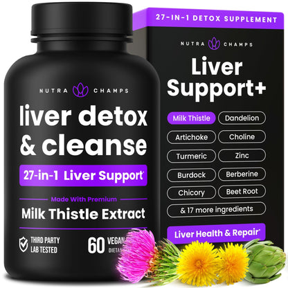 NutraChamps Liver Cleanse Detox & Repair Formula, 20+ Herbs: Milk Thistle Extract with Silymarin, Artichoke, Dandelion, Chicory Root Powder, - dailyvitalstore