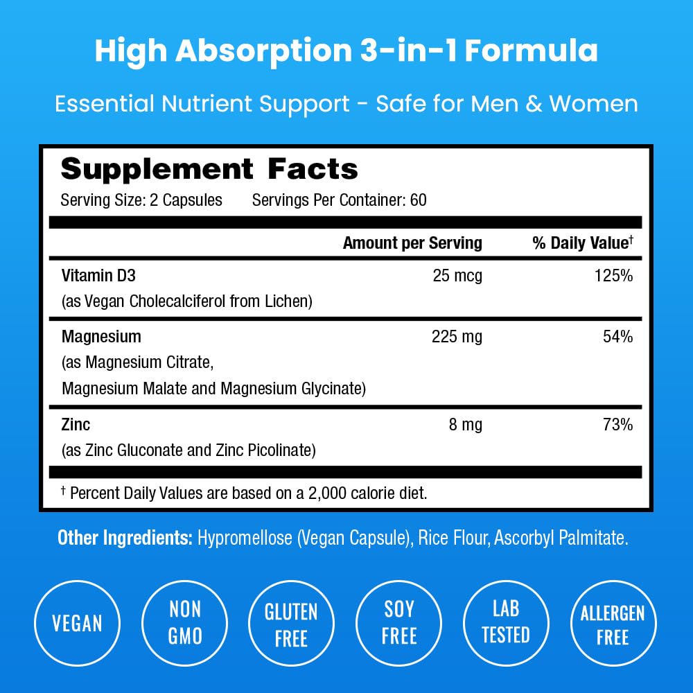 NutraChamps Magnesium Zinc & Vitamin D3 Supplement - Most Bioavailable Forms; Magnesium Glycinate, Malate, Citrate - Bone, Muscle & Heart Health, - dailyvitalstore