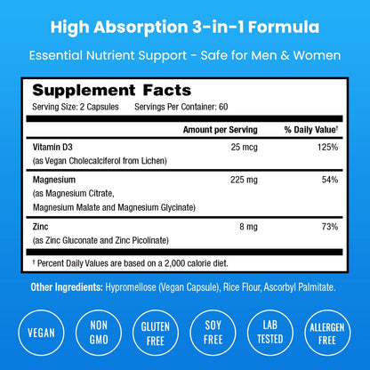NutraChamps Magnesium Zinc & Vitamin D3 Supplement - Most Bioavailable Forms; Magnesium Glycinate, Malate, Citrate - Bone, Muscle & Heart Health, - dailyvitalstore