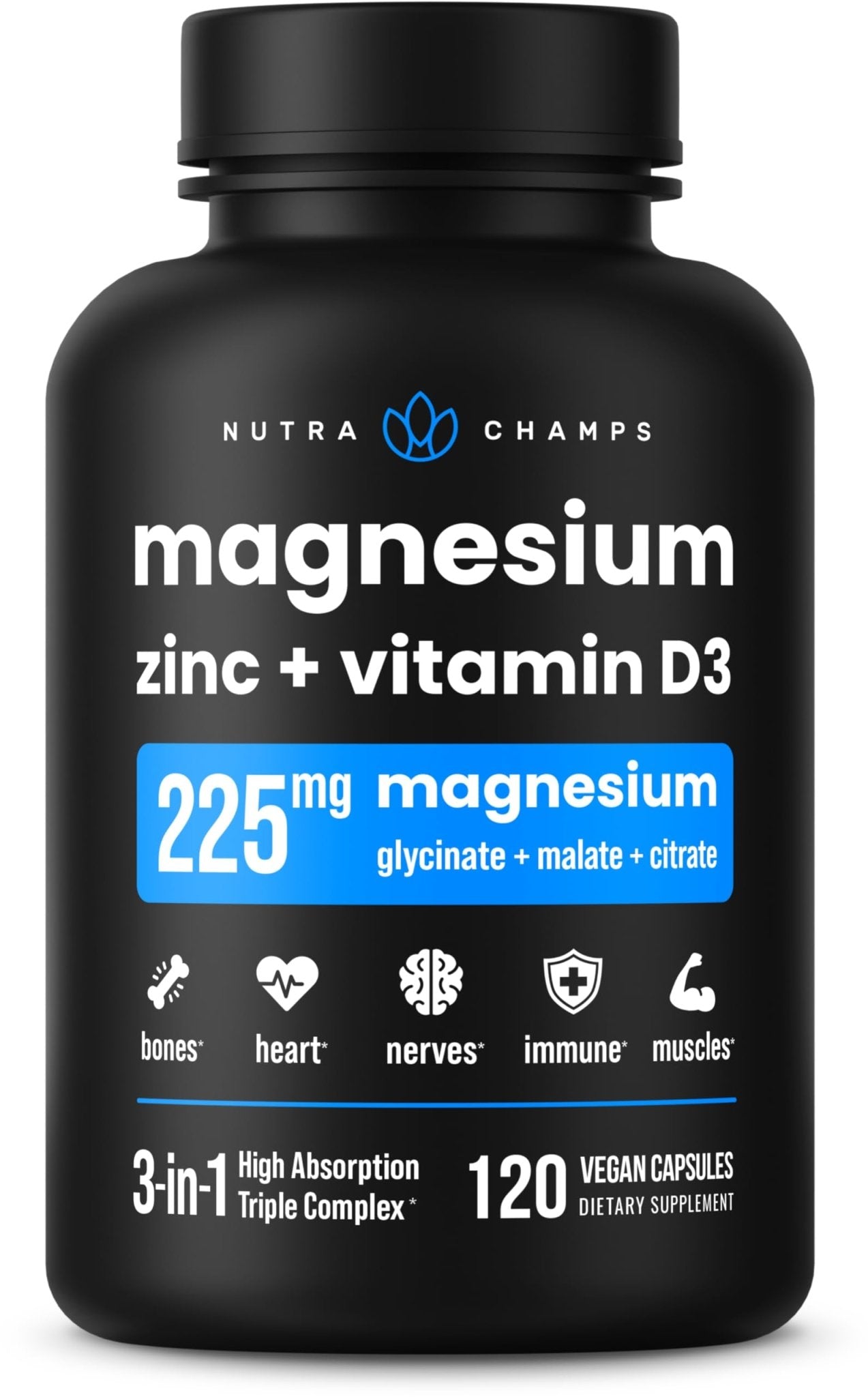 NutraChamps Magnesium Zinc & Vitamin D3 Supplement - Most Bioavailable Forms; Magnesium Glycinate, Malate, Citrate - Bone, Muscle & Heart Health, - dailyvitalstore