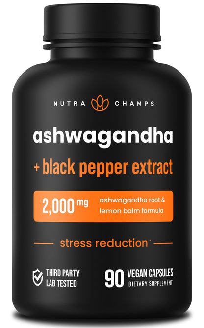 NutraChamps Organic Ashwagandha Capsules, 2000mg Adrenal Fatigue, Thyroid & Mood Support Ashwagandha Supplements, Ashwagandha Root Powder & Lemon Balm, Superior Absorption with Black Pepper - dailyvitalstore