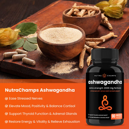 NutraChamps Organic Ashwagandha Capsules, 2000mg Adrenal Fatigue, Thyroid & Mood Support Ashwagandha Supplements, Ashwagandha Root Powder & Lemon Balm, Superior Absorption with Black Pepper - dailyvitalstore