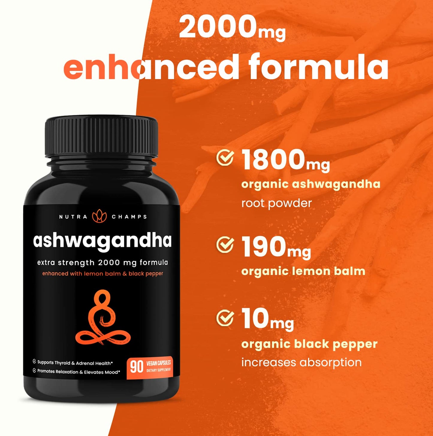 NutraChamps Organic Ashwagandha Capsules, 2000mg Adrenal Fatigue, Thyroid & Mood Support Ashwagandha Supplements, Ashwagandha Root Powder & Lemon Balm, Superior Absorption with Black Pepper - dailyvitalstore