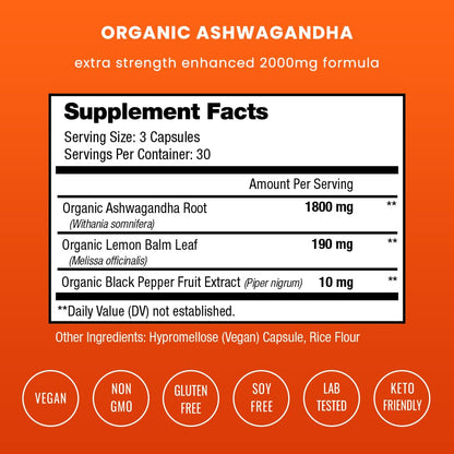 NutraChamps Organic Ashwagandha Capsules, 2000mg Adrenal Fatigue, Thyroid & Mood Support Ashwagandha Supplements, Ashwagandha Root Powder & Lemon Balm, Superior Absorption with Black Pepper - dailyvitalstore
