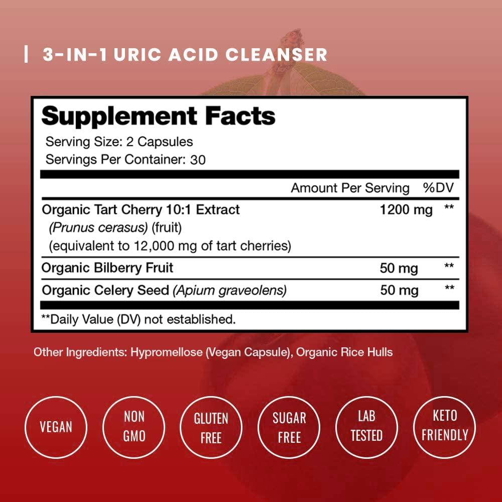 NutraChamps Organic Tart Cherry Extract Capsules - Made from Montmorency Tart Cherry Concentrate, Celery Seed & Bilberry - Uric Acid Cleanse & Joint Support - Vegan Capsules - dailyvitalstore