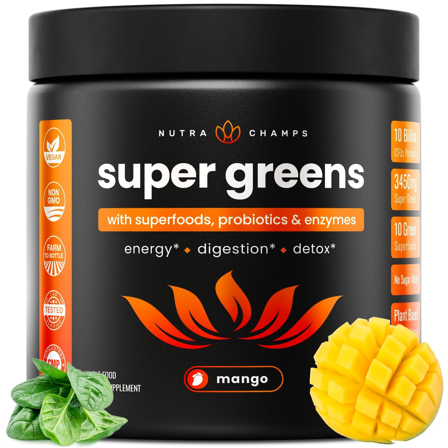 NutraChamps Super Greens Powder Premium Superfood | 20+ Organic Green Veggie Whole Foods | Wheat Grass, Spirulina, Chlorella | Antioxidant, Digestive Enzyme - dailyvitalstore