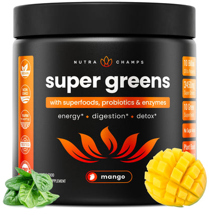 NutraChamps Super Greens Powder Premium Superfood | 20+ Organic Green Veggie Whole Foods | Wheat Grass, Spirulina, Chlorella | Antioxidant, Digestive Enzyme - dailyvitalstore