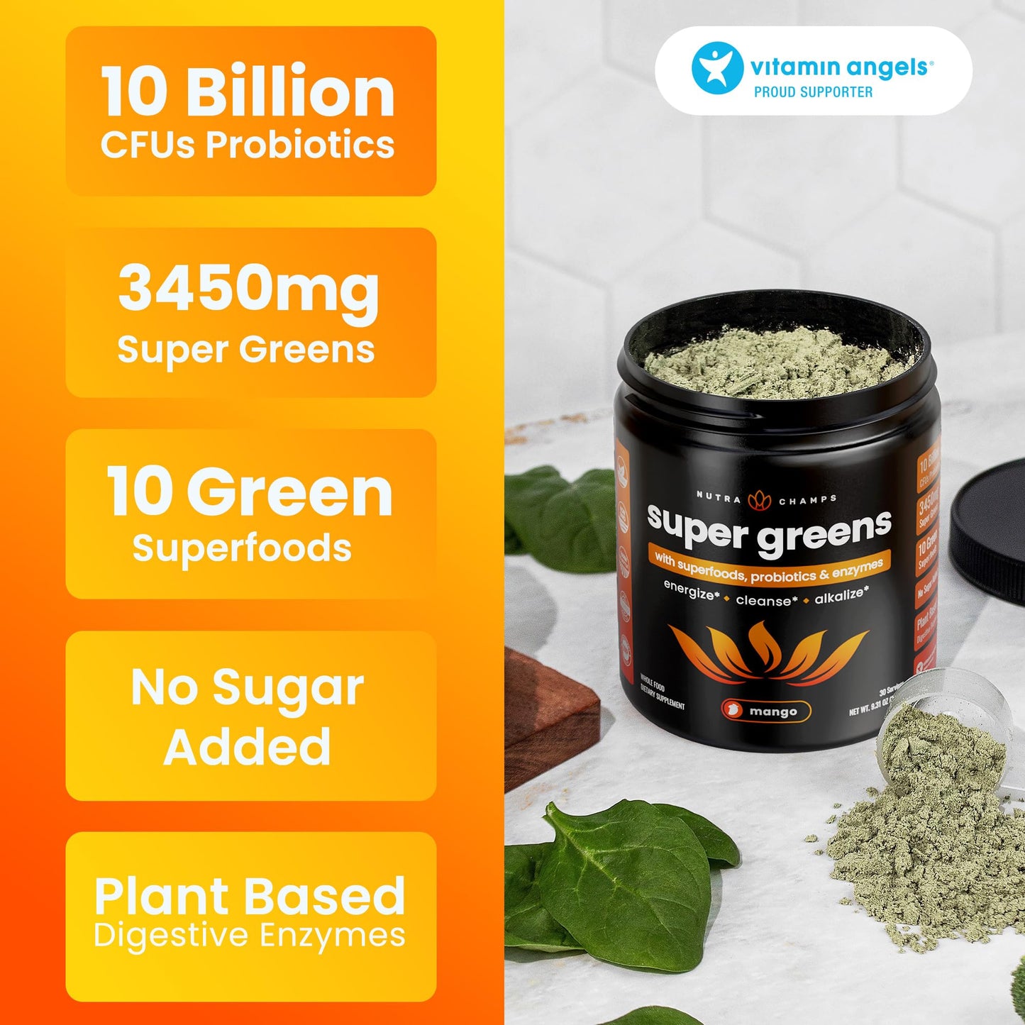 NutraChamps Super Greens Powder Premium Superfood | 20+ Organic Green Veggie Whole Foods | Wheat Grass, Spirulina, Chlorella | Antioxidant, Digestive Enzyme - dailyvitalstore