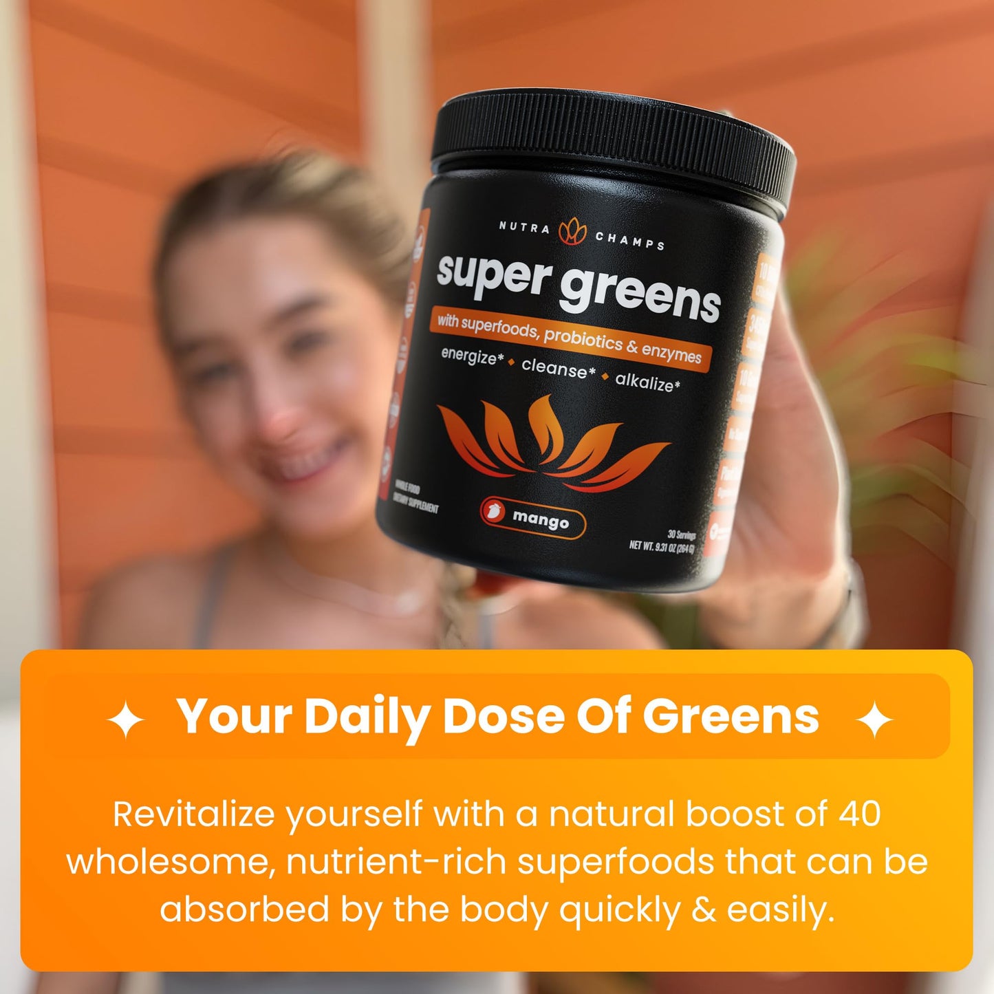 NutraChamps Super Greens Powder Premium Superfood | 20+ Organic Green Veggie Whole Foods | Wheat Grass, Spirulina, Chlorella | Antioxidant, Digestive Enzyme - dailyvitalstore