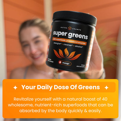 NutraChamps Super Greens Powder Premium Superfood | 20+ Organic Green Veggie Whole Foods | Wheat Grass, Spirulina, Chlorella | Antioxidant, Digestive Enzyme - dailyvitalstore