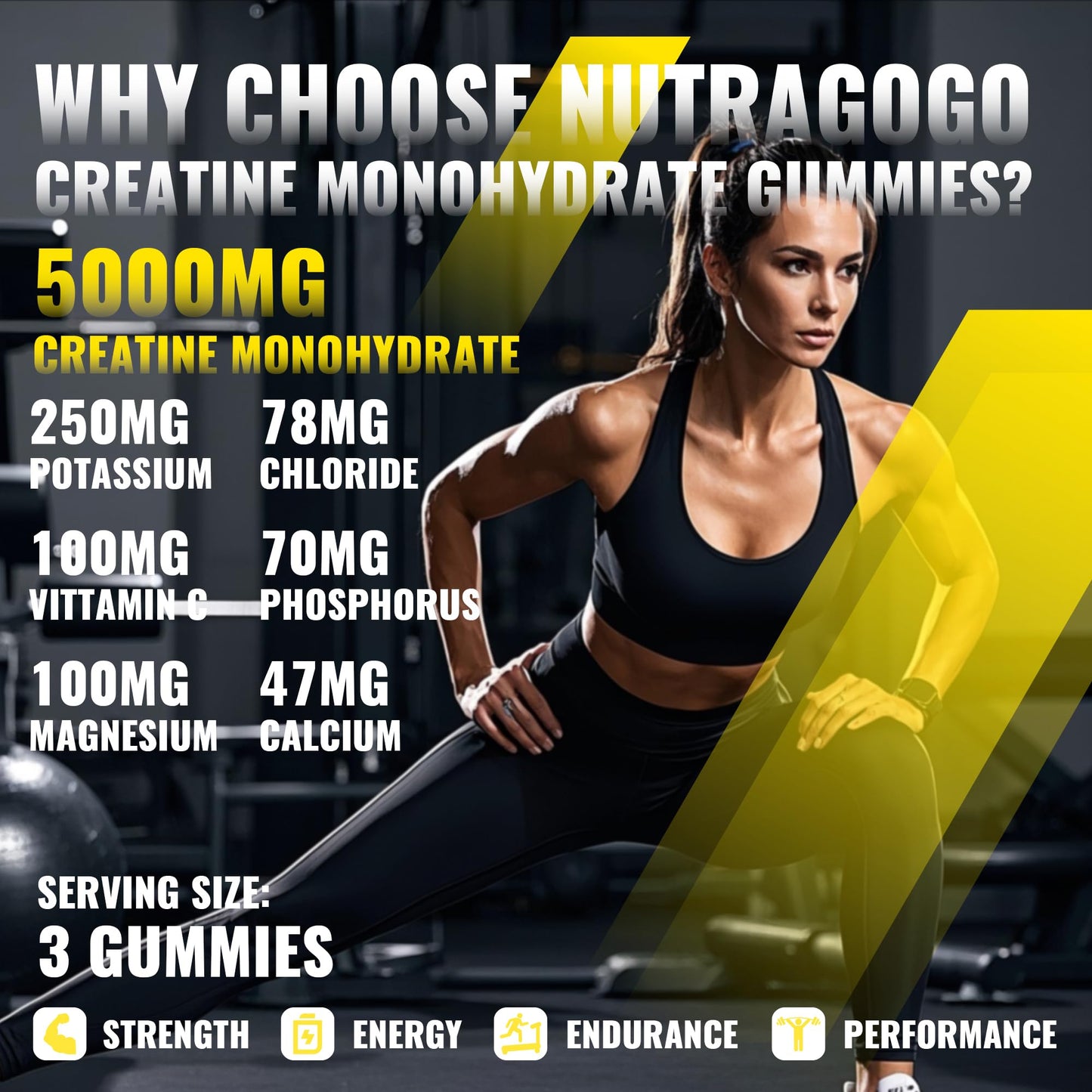 NUTRAGOGO NSF Certified Creatine Gummy - Creatine Monohydrate Gummies for Men & Women-5g of Creatine Monohydrate per Serving - Sugar Free,Vegan, Pineapple Electrolyte Chews, 135 Count - dailyvitalstore