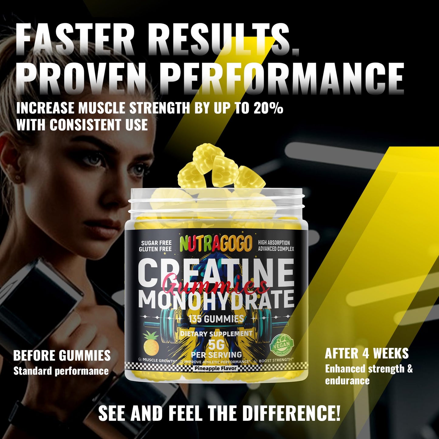 NUTRAGOGO NSF Certified Creatine Gummy - Creatine Monohydrate Gummies for Men & Women-5g of Creatine Monohydrate per Serving - Sugar Free,Vegan, Pineapple Electrolyte Chews, 135 Count - dailyvitalstore