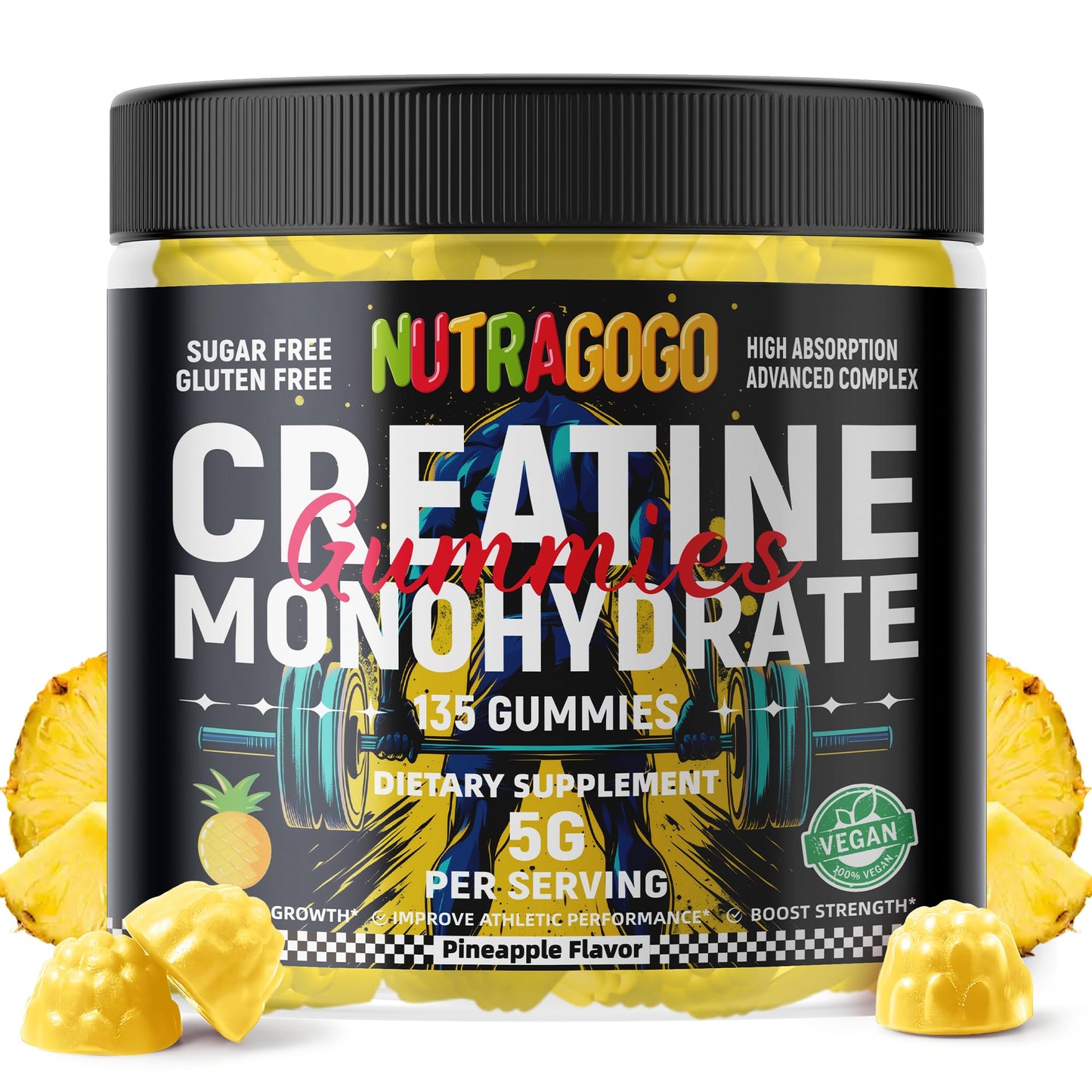 NUTRAGOGO NSF Certified Creatine Gummy - Creatine Monohydrate Gummies for Men & Women-5g of Creatine Monohydrate per Serving - Sugar Free,Vegan, Pineapple Electrolyte Chews, 135 Count - dailyvitalstore