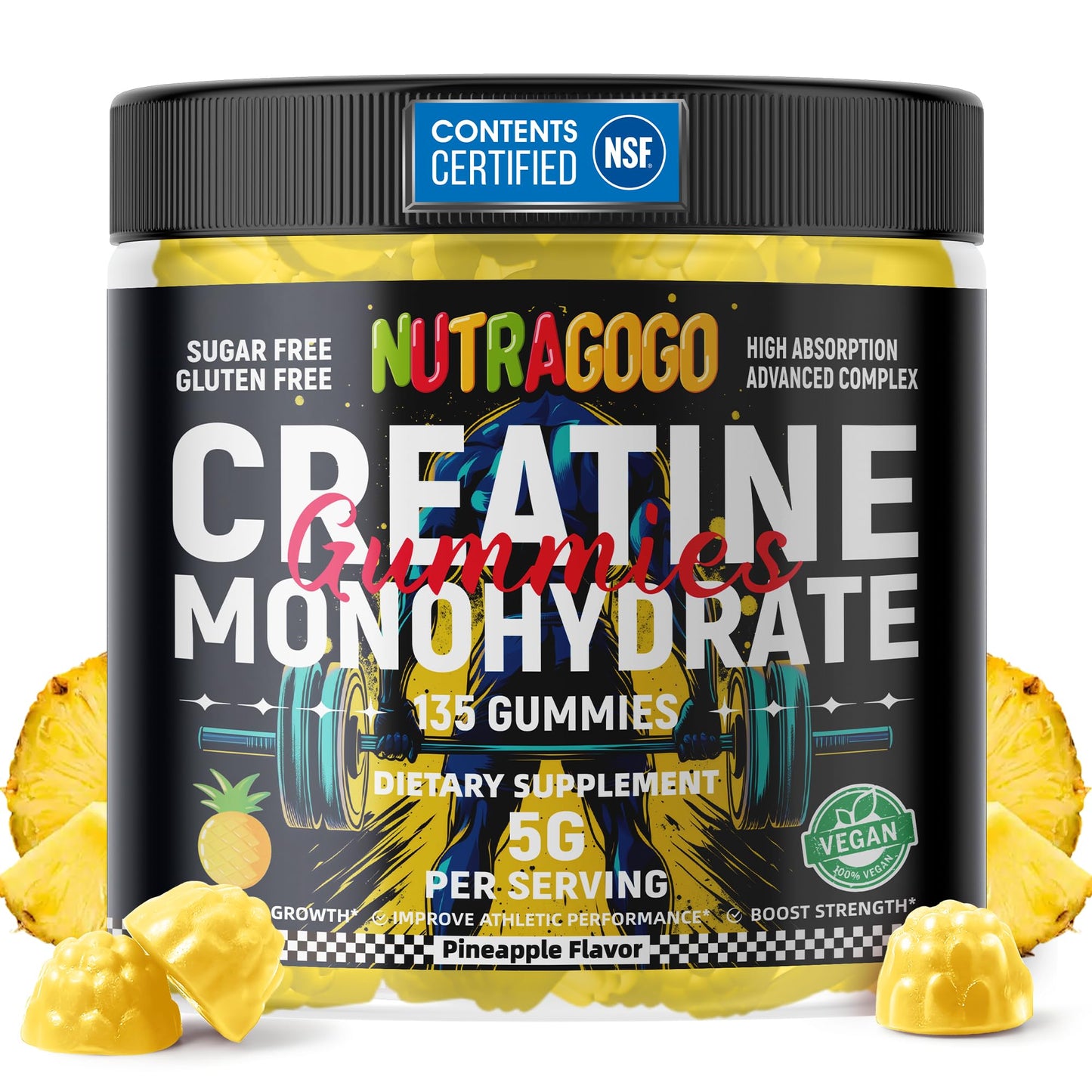 NUTRAGOGO NSF Certified Creatine Gummy - Creatine Monohydrate Gummies for Men & Women-5g of Creatine Monohydrate per Serving - Sugar Free,Vegan, Pineapple Electrolyte Chews, 135 Count - dailyvitalstore