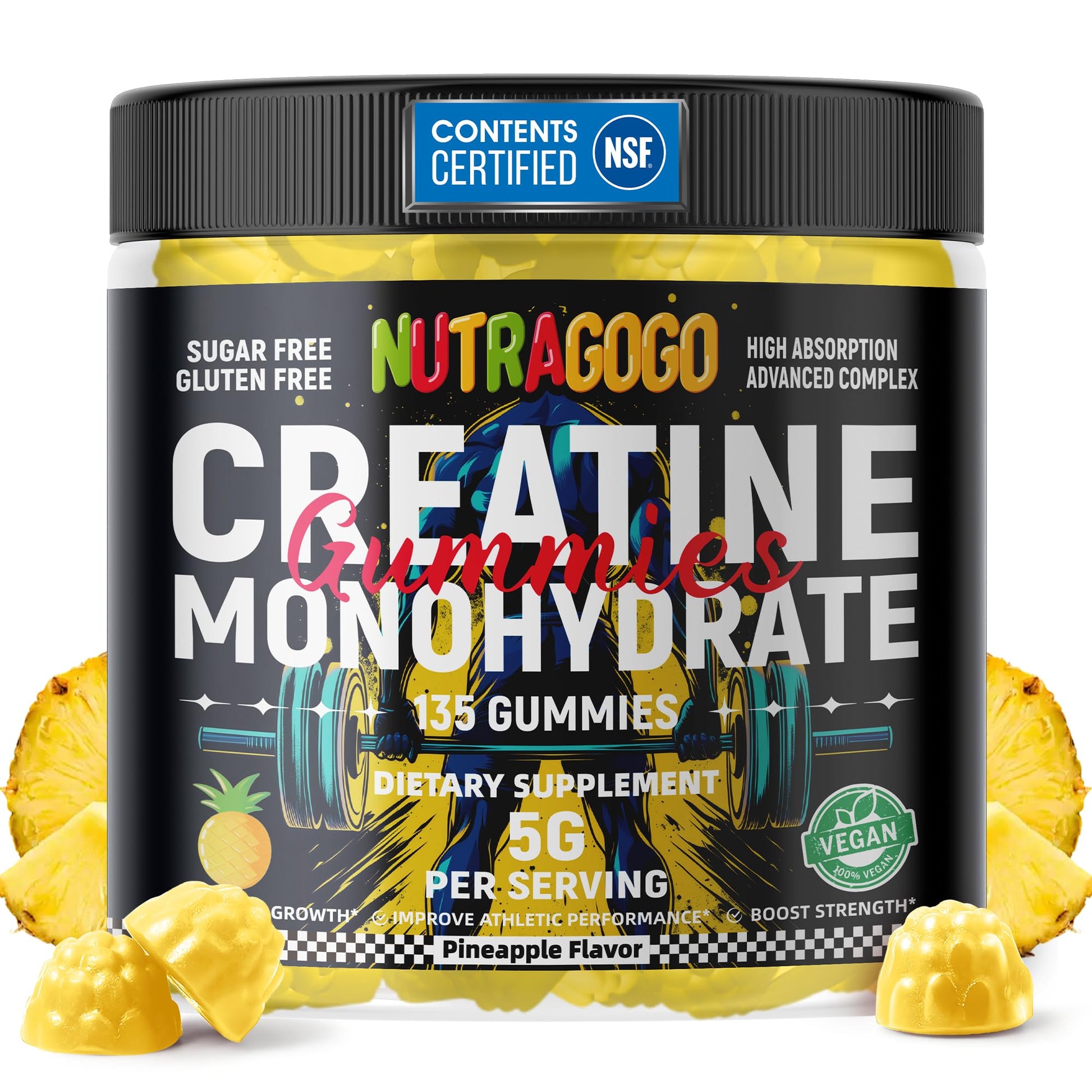 NUTRAGOGO NSF Certified Creatine Gummy - Creatine Monohydrate Gummies for Men & Women-5g of Creatine Monohydrate per Serving - Sugar Free,Vegan, Pineapple Electrolyte Chews, 135 Count - dailyvitalstore