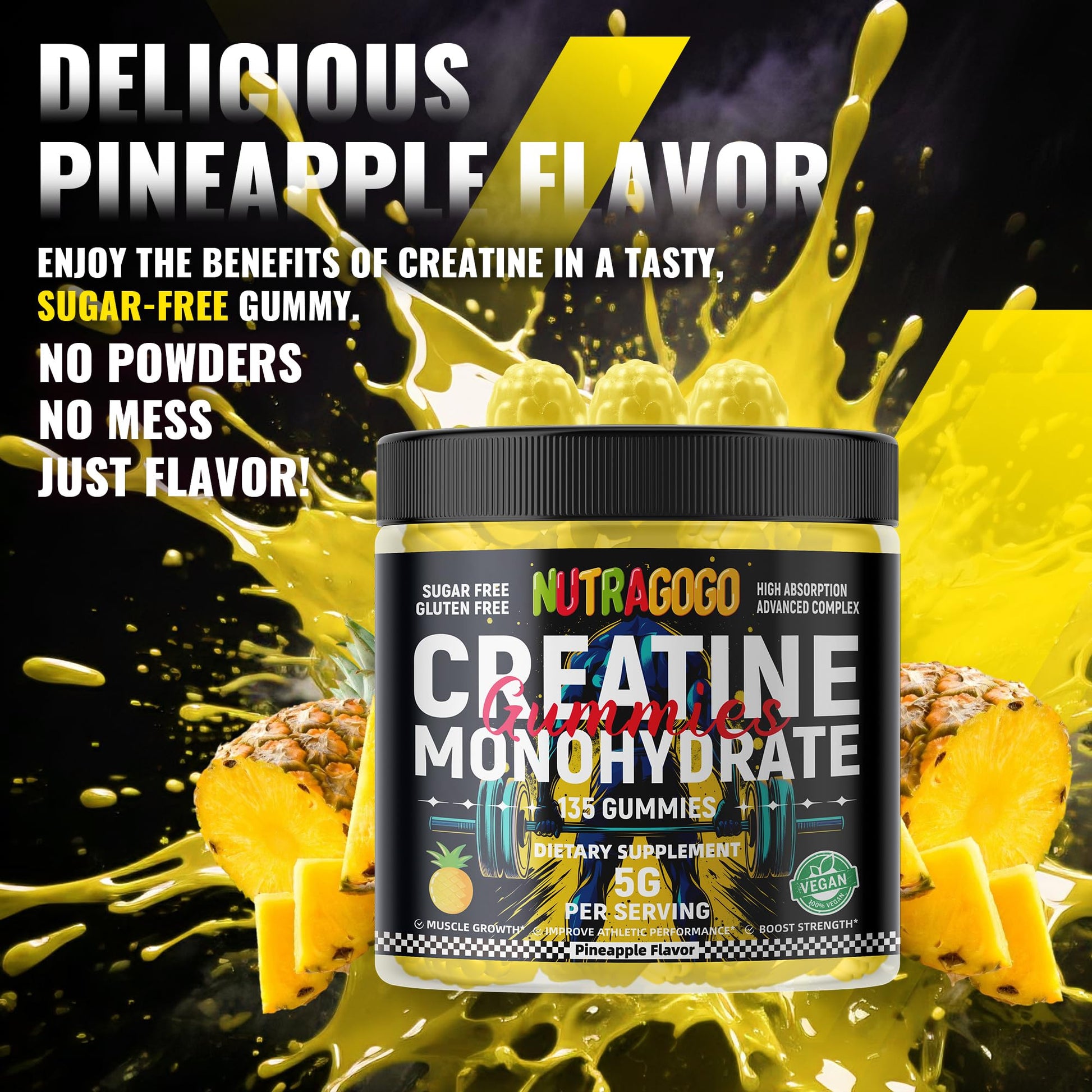 NUTRAGOGO NSF Certified Creatine Gummy - Creatine Monohydrate Gummies for Men & Women-5g of Creatine Monohydrate per Serving - Sugar Free,Vegan, Pineapple Electrolyte Chews, 135 Count - dailyvitalstore