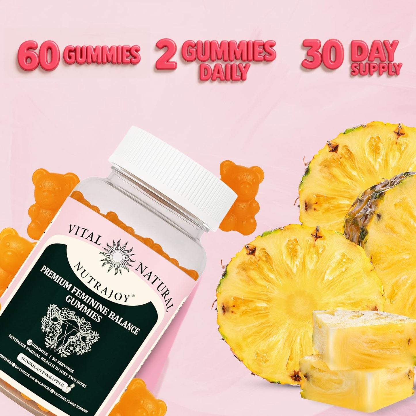 NUTRAJOY Premium Feminine Balance Gummies, for Women's Ph Health, Vaginal Wellness Support, Immune Support, Energy Support, Hawaiian Pineapple, Vegan Gluten-Free, 60 Gummies - dailyvitalstore