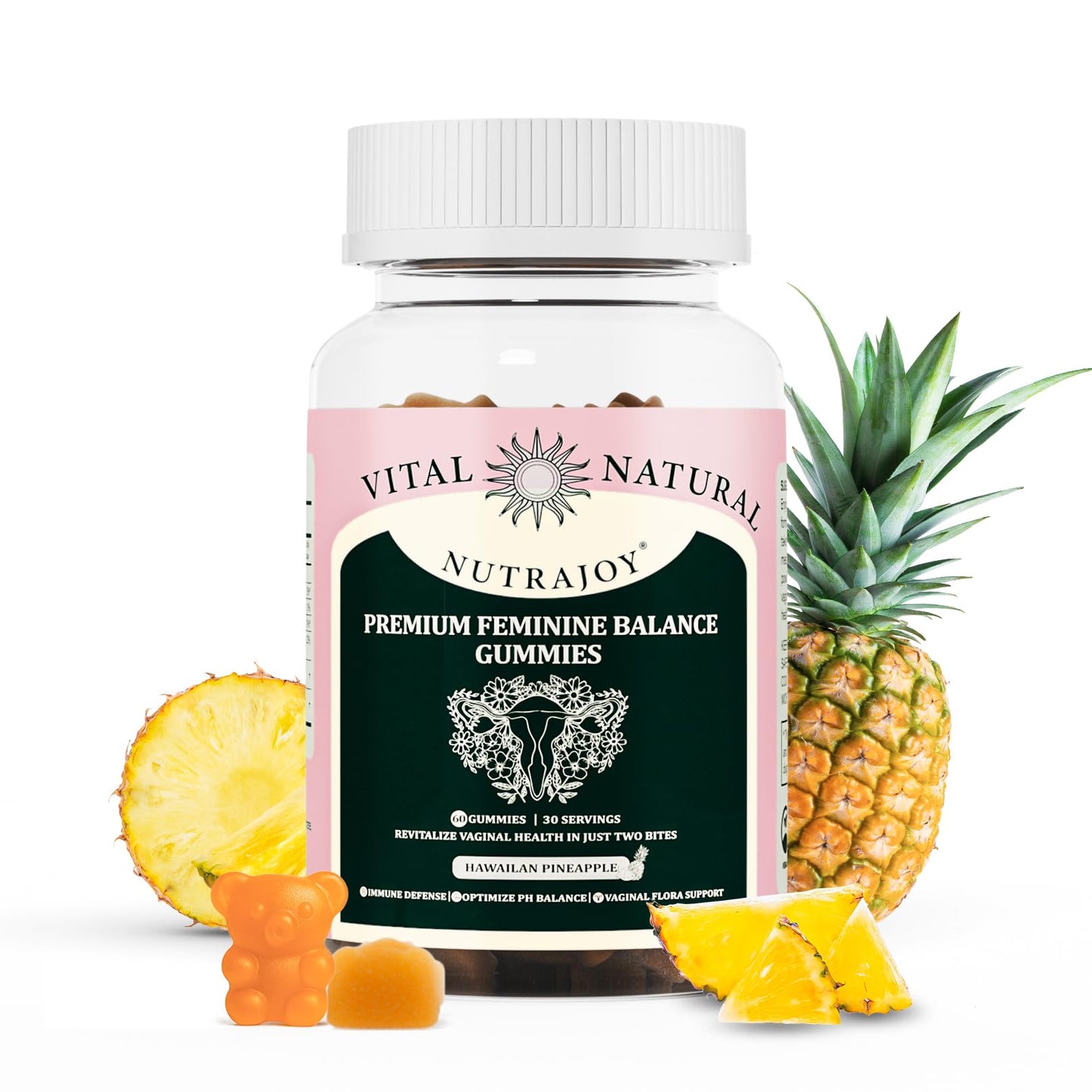 NUTRAJOY Premium Feminine Balance Gummies, for Women's Ph Health, Vaginal Wellness Support, Immune Support, Energy Support, Hawaiian Pineapple, Vegan Gluten-Free, 60 Gummies - dailyvitalstore