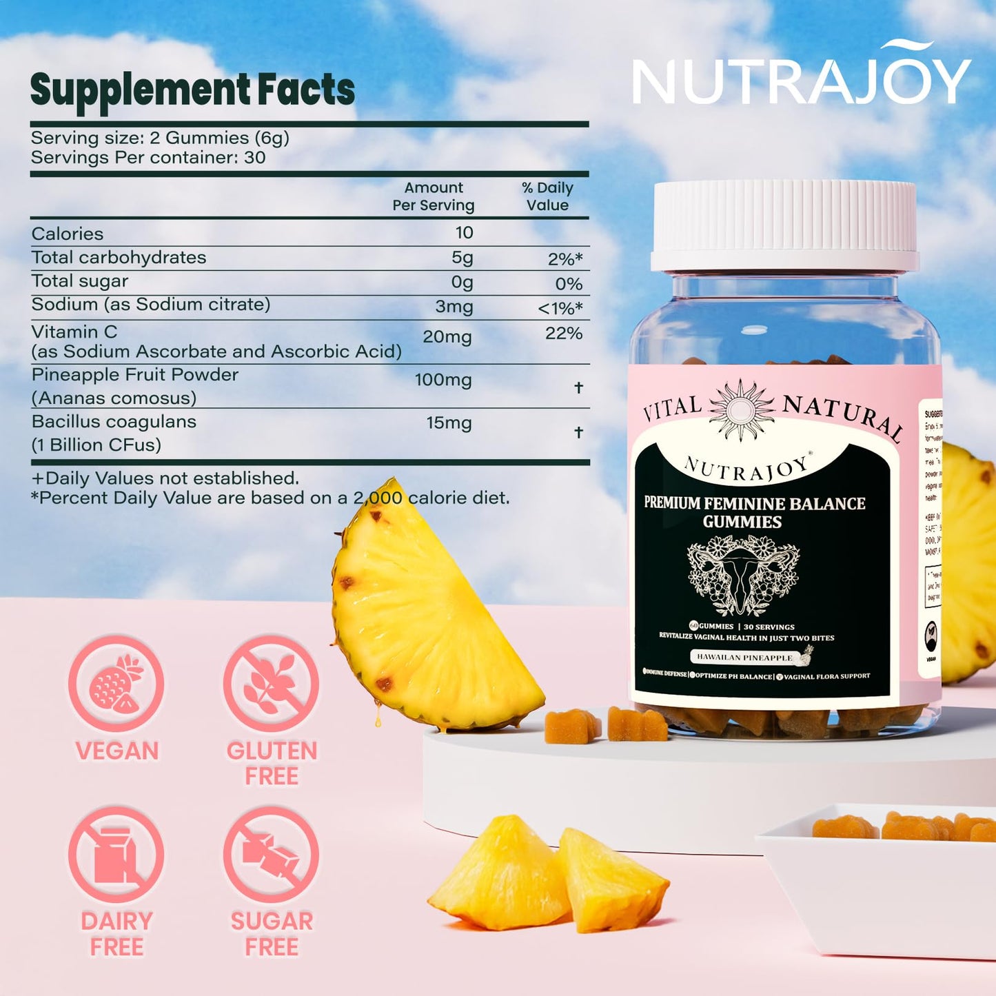 NUTRAJOY Premium Feminine Balance Gummies, for Women's Ph Health, Vaginal Wellness Support, Immune Support, Energy Support, Hawaiian Pineapple, Vegan Gluten-Free, 60 Gummies - dailyvitalstore