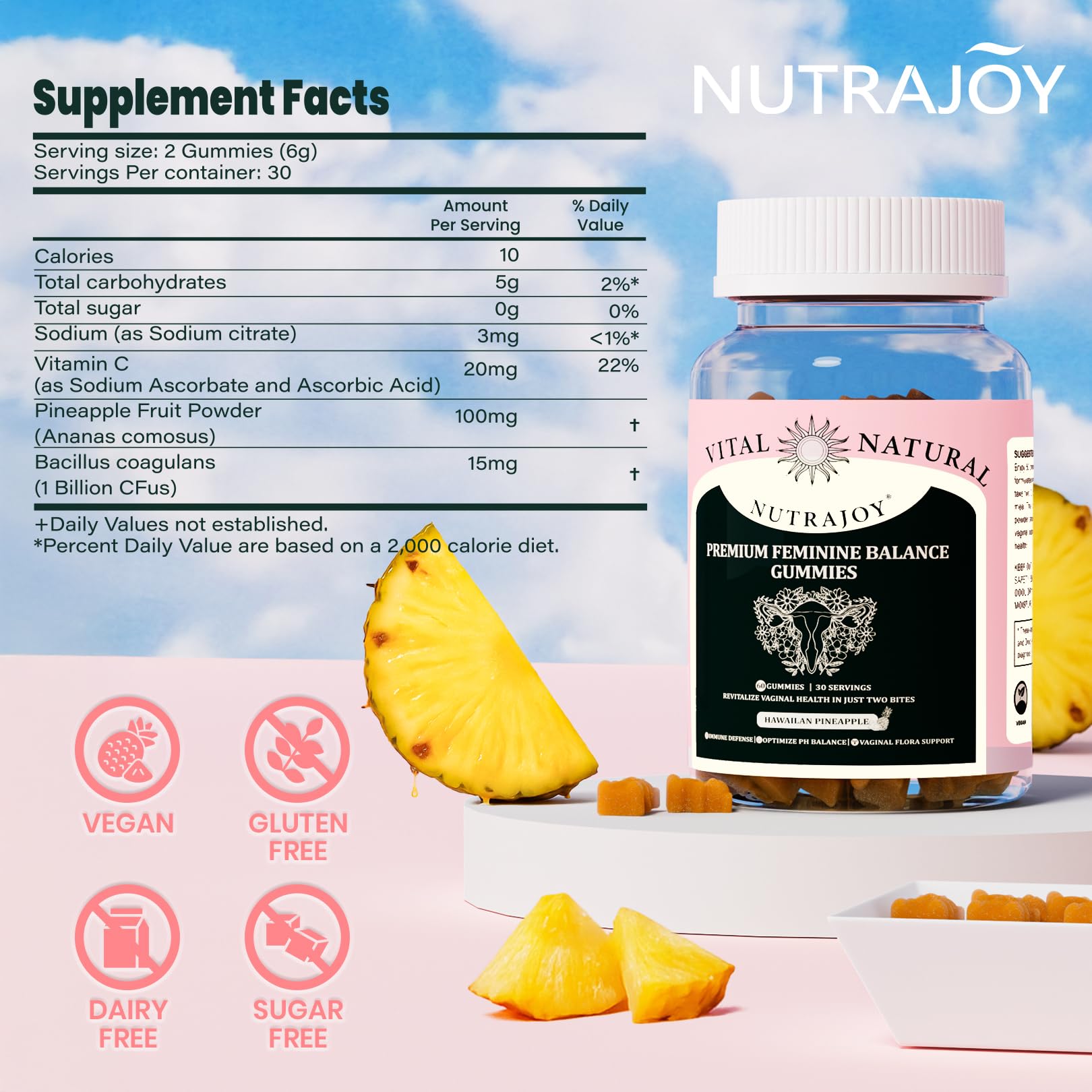 NUTRAJOY Premium Feminine Balance Gummies, for Women's Ph Health, Vaginal Wellness Support, Immune Support, Energy Support, Hawaiian Pineapple, Vegan Gluten-Free, 60 Gummies - dailyvitalstore