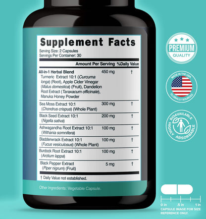 NUTRALAVA Sea Moss Pills, All-in-One Blend with Irish Sea Moss Black Seed Oil Ashwagandha, Sea Moss Capsules for Women and Men - Gluten-Free, Non-GMO, 60 Capsules - dailyvitalstore