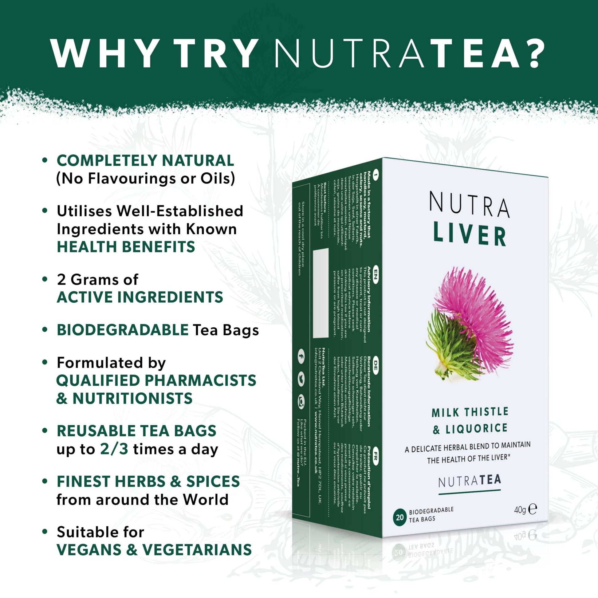 NUTRALIVER - Detox Tea for Liver Cleansing and Support - With Milk Thistle, Turmeric & Fennel - 20 Tea Bags - Herbal Tea by Nutra Tea - dailyvitalstore