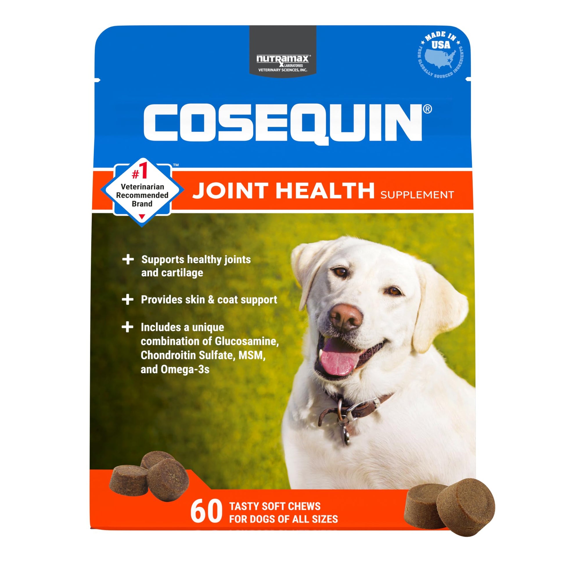 Nutramax Cosequin for Dogs Joint Health Supplement, Contains Glucosamine for Dogs, Chondroitin, MSM and Omega-3s, Supports Joint and Skin and Coat Health, Soft Chews, 60 Count - dailyvitalstore