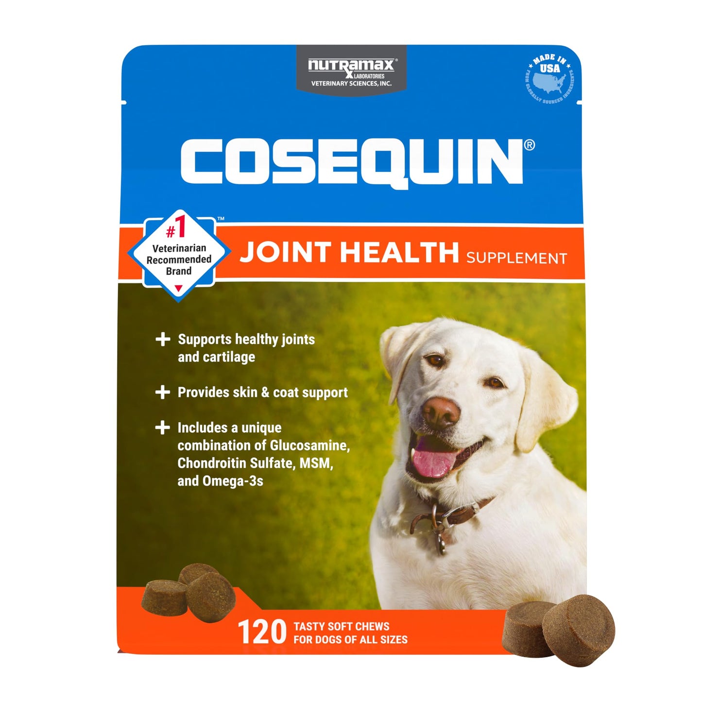 Nutramax Cosequin for Dogs Joint Health Supplement, Contains Glucosamine, Plus Chondroitin, MSM and Omega-3s, Supports Joint and Skin and Coat Health, Soft Chews, 120 Count - dailyvitalstore