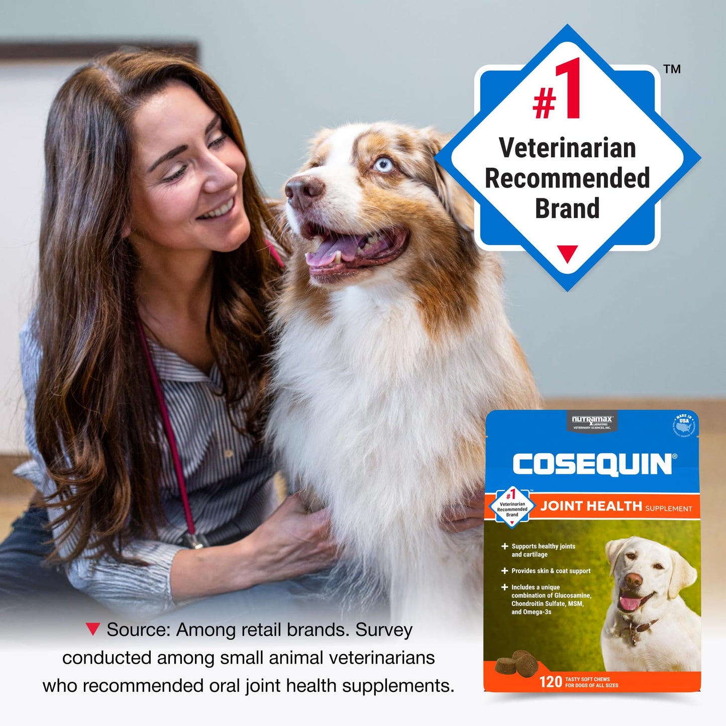 Nutramax Cosequin for Dogs Joint Health Supplement, Contains Glucosamine, Plus Chondroitin, MSM and Omega-3s, Supports Joint and Skin and Coat Health, Soft Chews, 120 Count - dailyvitalstore