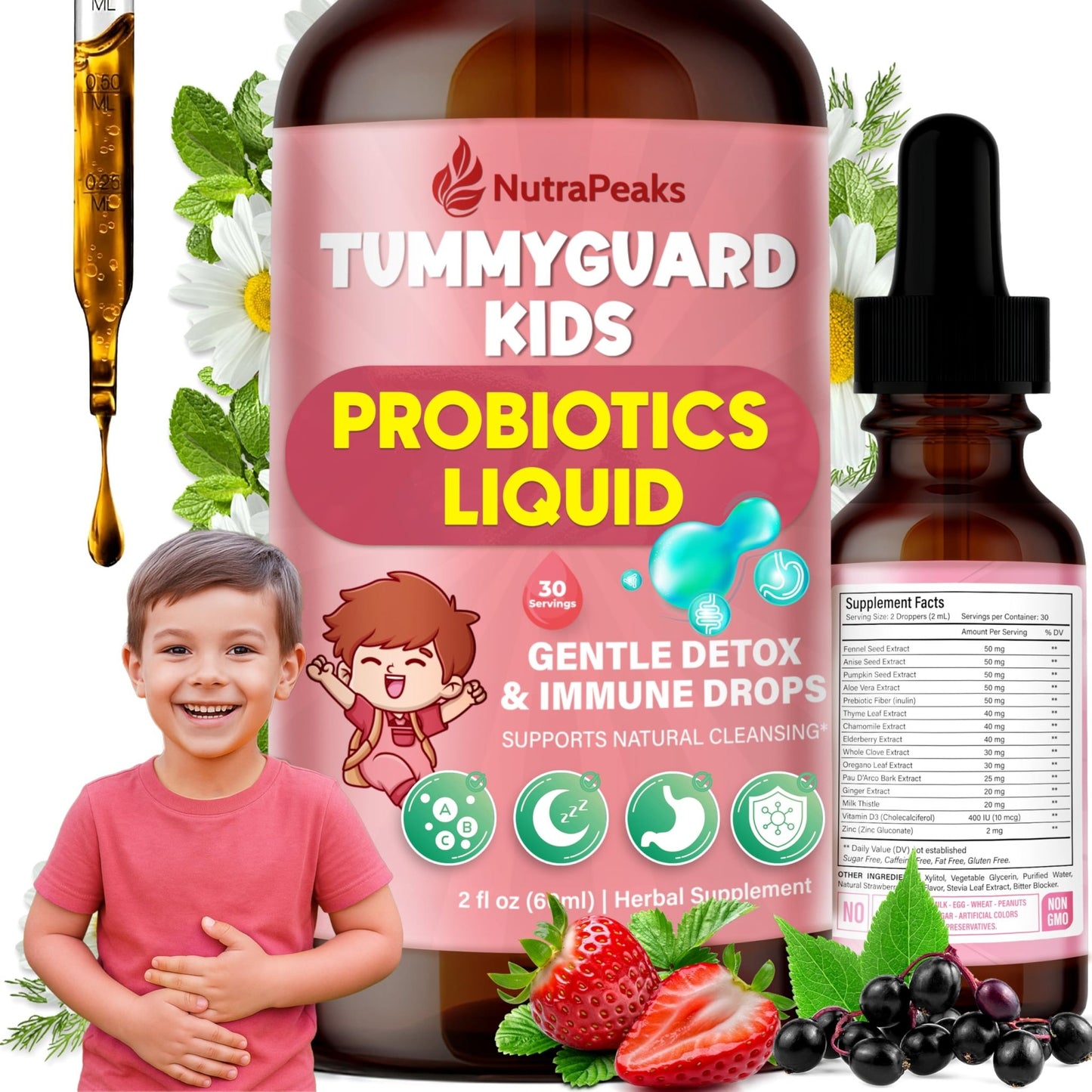NutraPeaks Kids Liquid Botanical Drops – Natural Blend with Prebiotics, Chamomile, Ginger & Elderberry – Sugar-Free, Alcohol-Free, Non-GMO – 2 fl oz - dailyvitalstore