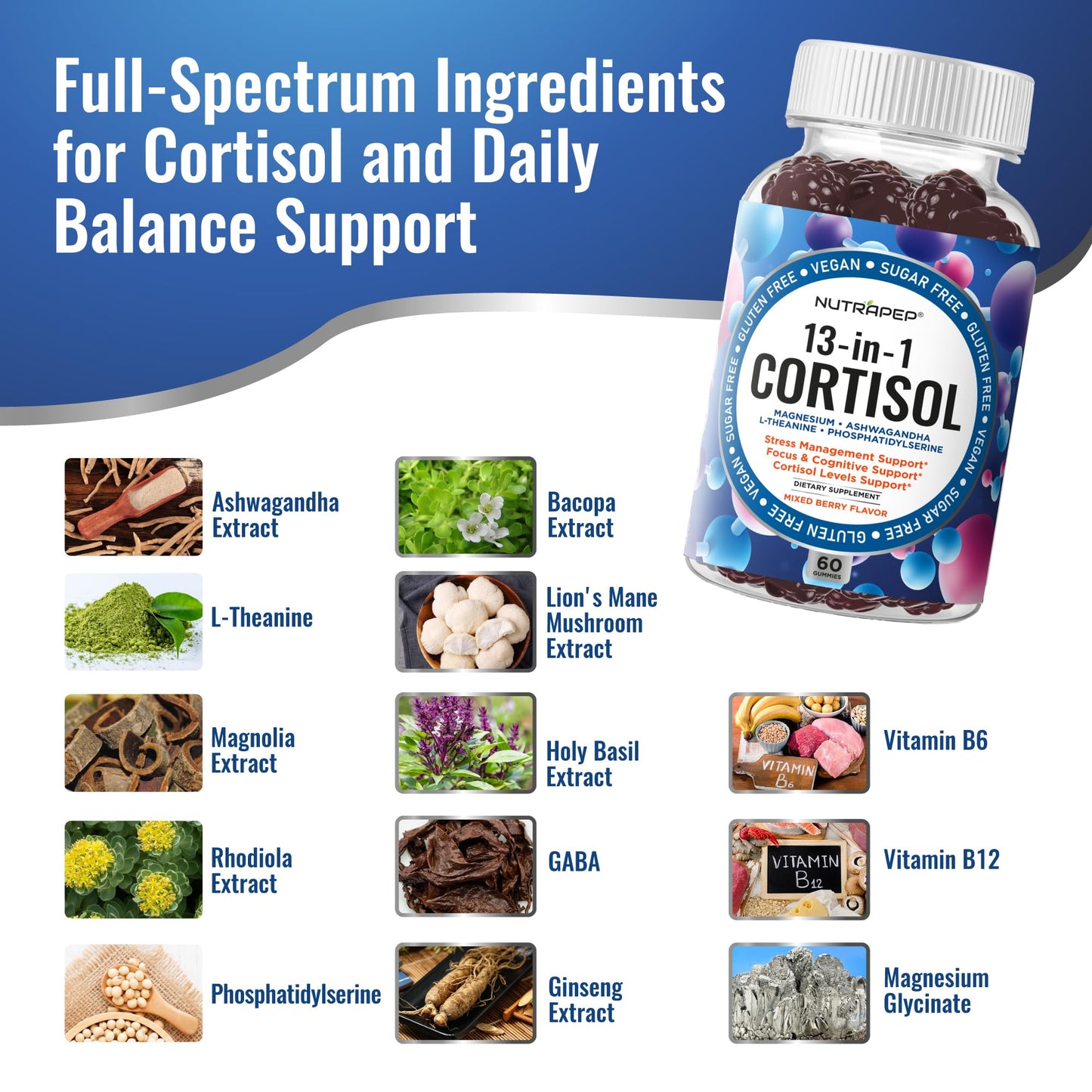 NutraPep Cortisol Gummies for Women Men - 13-in-1 High Cortisol Reducer with Ashwagandha Magnesium L-theanine Rhodiola Rosea - Daily Cortisol Detox Manager for Stress Focus Support - Vegan Sugar Free - dailyvitalstore