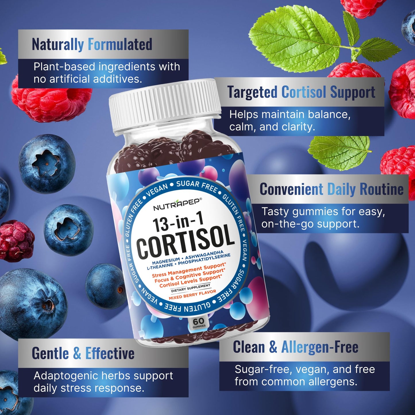 NutraPep Cortisol Gummies for Women Men - 13-in-1 High Cortisol Reducer with Ashwagandha Magnesium L-theanine Rhodiola Rosea - Daily Cortisol Detox Manager for Stress Focus Support - Vegan Sugar Free - dailyvitalstore