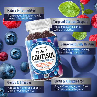 NutraPep Cortisol Gummies for Women Men - 13-in-1 High Cortisol Reducer with Ashwagandha Magnesium L-theanine Rhodiola Rosea - Daily Cortisol Detox Manager for Stress Focus Support - Vegan Sugar Free - dailyvitalstore