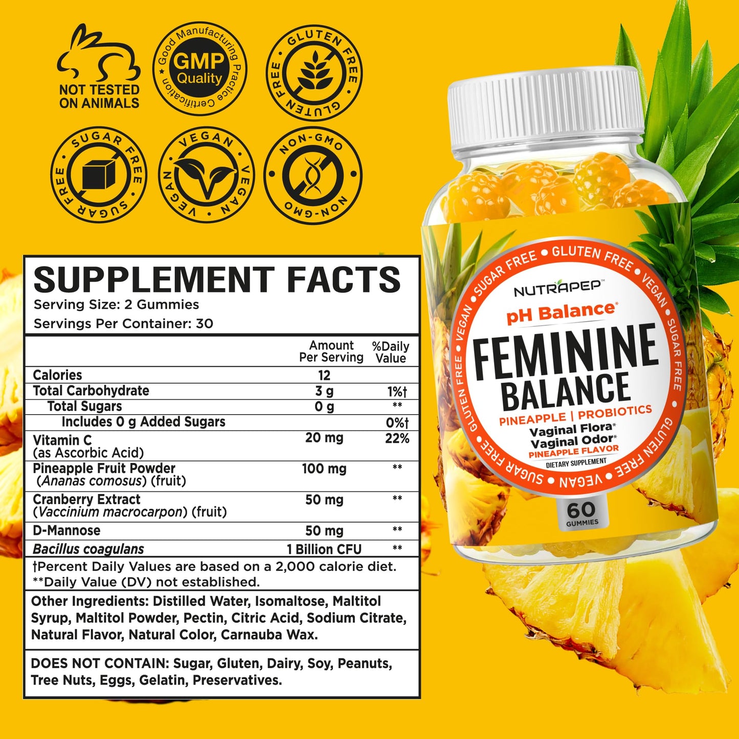 NutraPep Feminine Balance Probiotics Gummies for Women - Vaginal Health & Women's pH Balance Natural Gummy Supplement with Cranberry Pineapple Powder - Sugar Free Gluten Free Vegan (Pack of 2) - dailyvitalstore